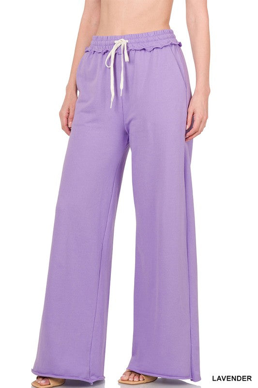 ZENANA French Terry Drawstring Waist Raw Edge Hem Pants