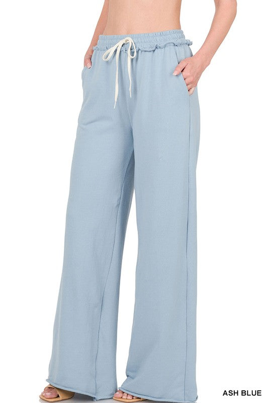 ZENANA French Terry Drawstring Waist Raw Edge Hem Pants