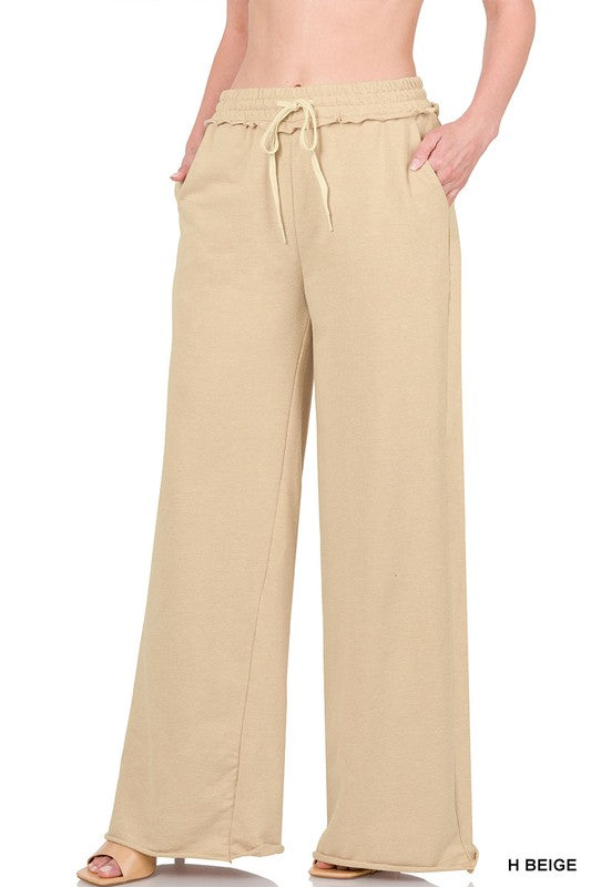 ZENANA French Terry Drawstring Waist Raw Edge Hem Pants