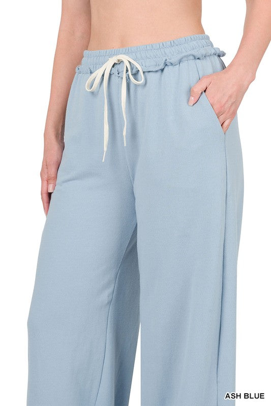 ZENANA French Terry Drawstring Waist Raw Edge Hem Pants