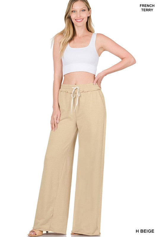 ZENANA French Terry Drawstring Waist Raw Edge Hem Pants