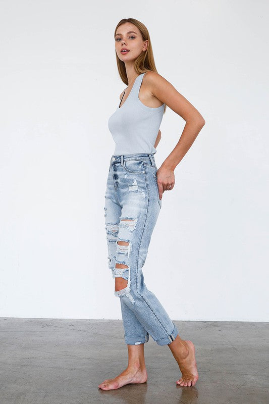 Denim Lab USA High Waist Destroyed Girlfriend Jeans