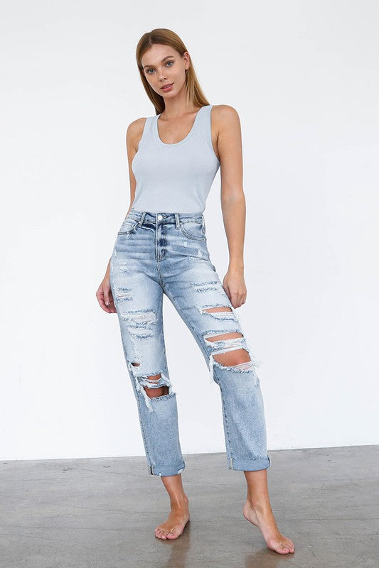 Denim Lab USA High Waist Destroyed Girlfriend Jeans