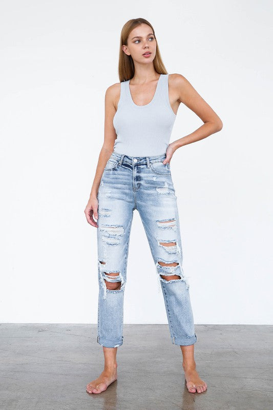 Denim Lab USA High Waist Destroyed Girlfriend Jeans