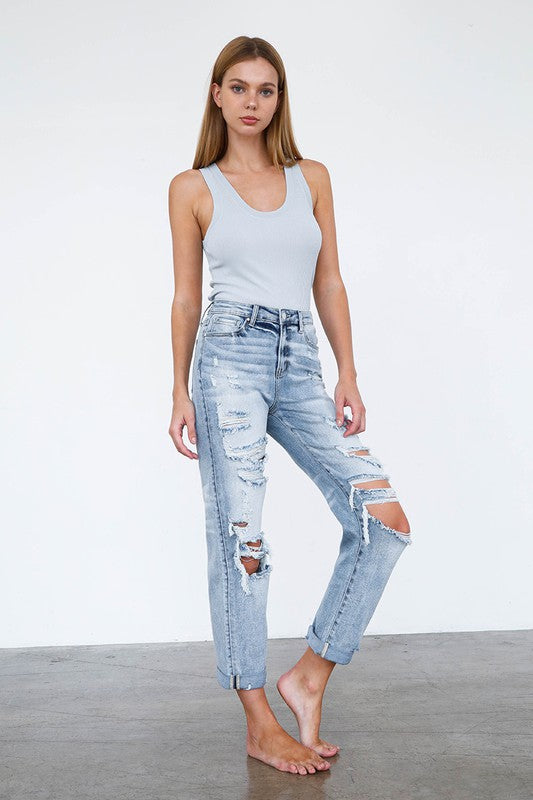 Denim Lab USA High Waist Destroyed Girlfriend Jeans