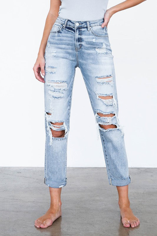 Denim Lab USA High Waist Destroyed Girlfriend Jeans