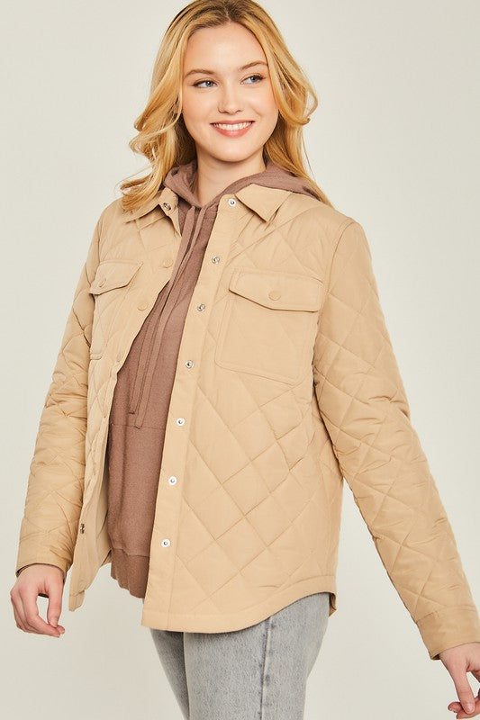 Love Tree Woven Solid Bust Pocket Shacket