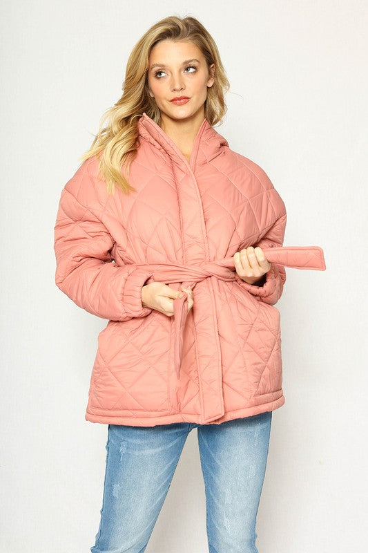 Miss Sparkling Quilted Belted Hooded Puffer Jacket