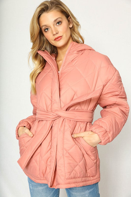 Miss Sparkling Quilted Belted Hooded Puffer Jacket