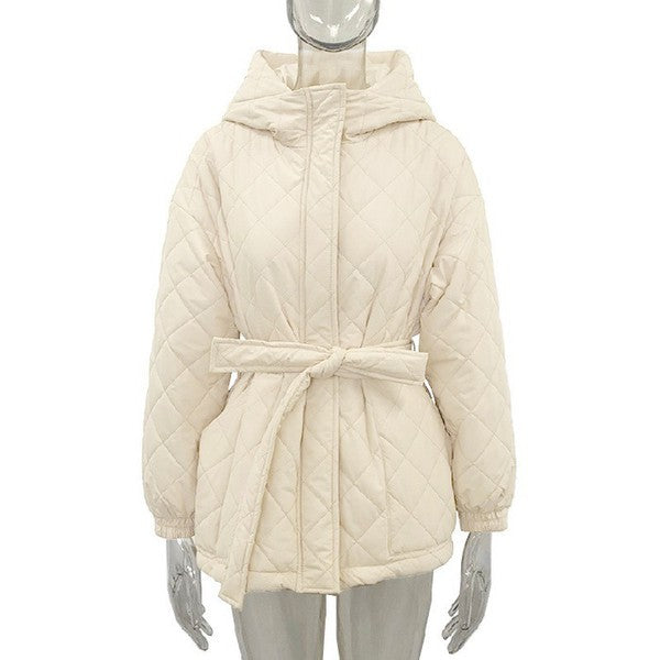 Miss Sparkling Quilted Belted Hooded Puffer Jacket