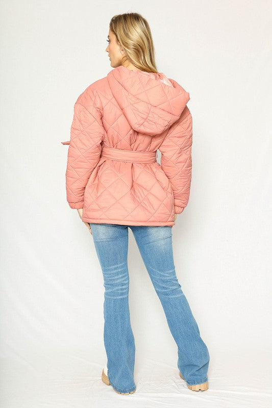 Miss Sparkling Quilted Belted Hooded Puffer Jacket