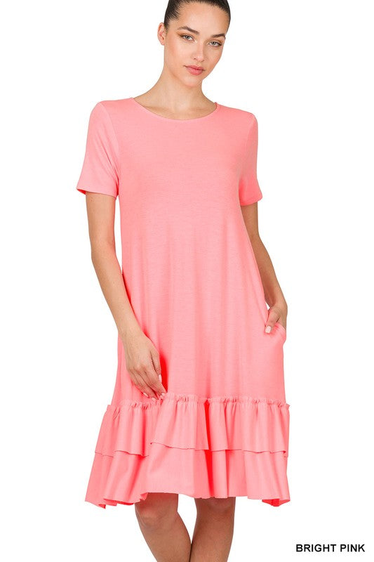 ZENANA Short Sleeve Round Neck Ruffle Hem Dress