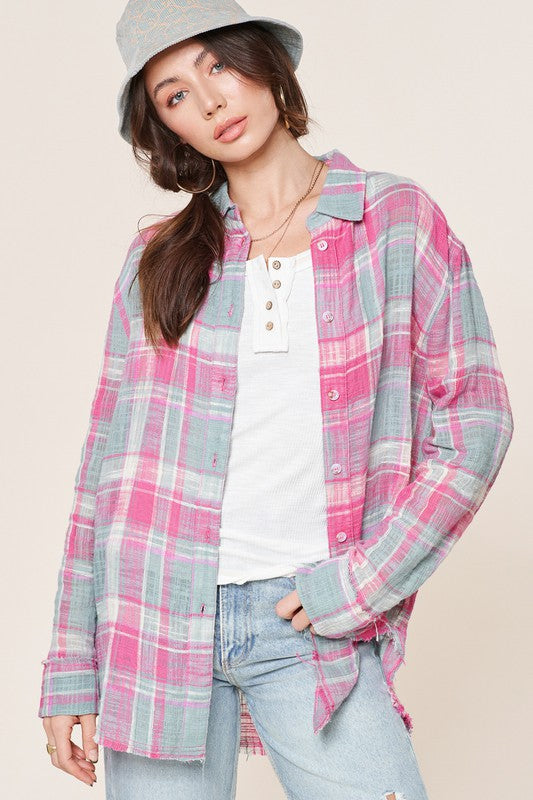 La Miel Peony Plaid Button Down Top