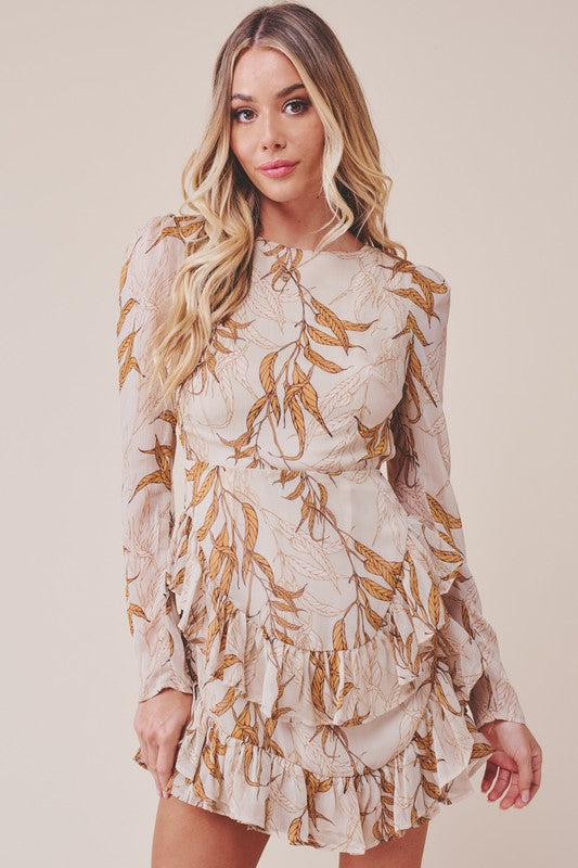 One and Only Collective Printed Ruffle Long-Sleeved Tiered Mini Dress