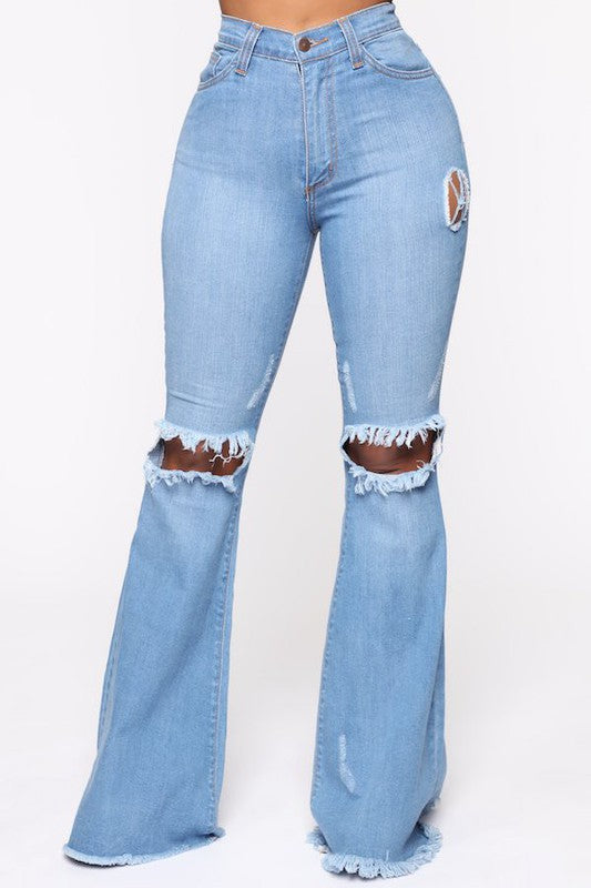 GJG Denim Knee Rip Flare Jean in Medium Wash