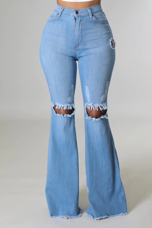 GJG Denim Knee Rip Flare Jean in Medium Wash