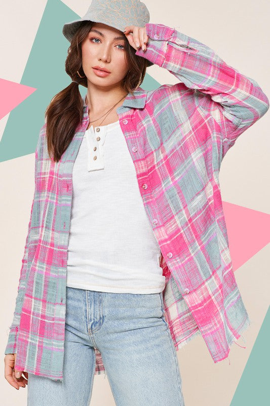 La Miel Peony Plaid Button Down Top