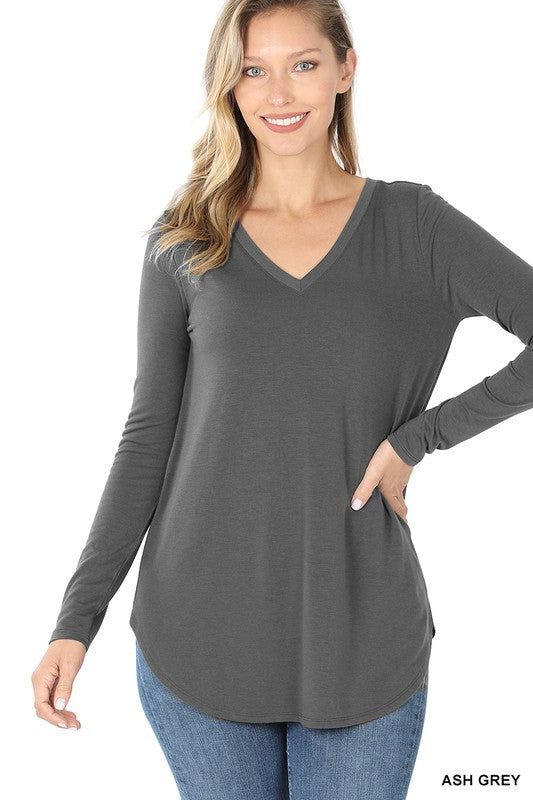 Zenana Clothing Long Sleeve V-Neck Round Hem Top – Blueberi Boutique