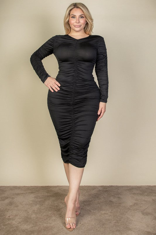 Capella Curvy Plus Size Ruched Long Sleeve Midi Dress