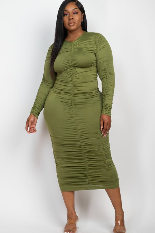 Capella Curvy Plus Size Ruched Long Sleeve Midi Dress