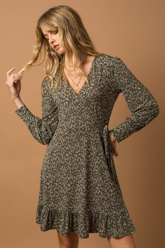 Gilli Long Sleeve Faux Wrap Ruffle Hem Dress