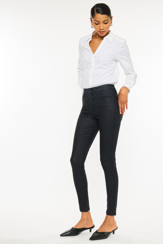 Kan Can High Rise Black Coated Ankle Skinny Jean