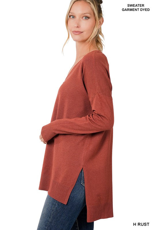 ZENANA Hi-Low Hem V-Neck Center Seam Sweater