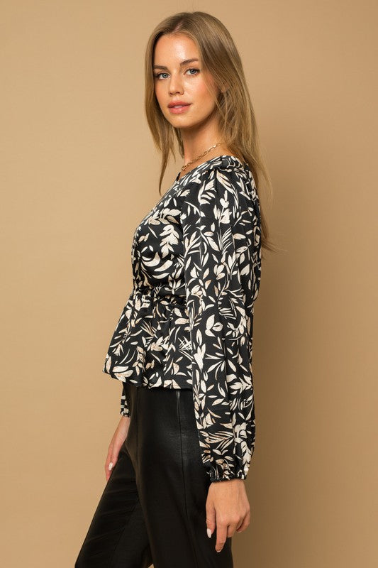 Gilli L/S Back Tie Peplum Floral Top