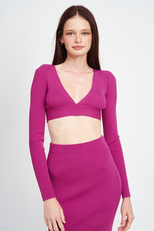 Emory Park V NECK CROPPED SWEATER TOP