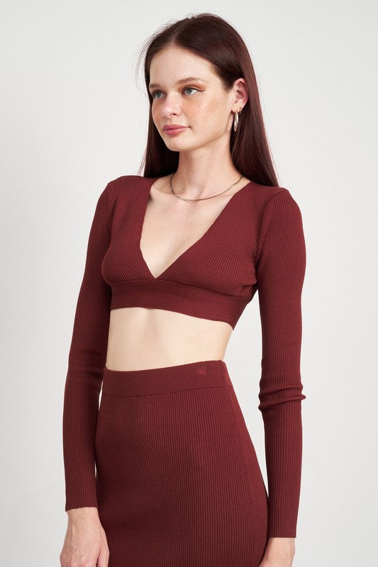 Emory Park V NECK CROPPED SWEATER TOP