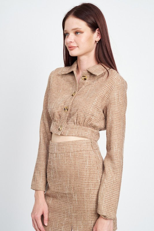 Emory Park CROPPED TWEED JACKET WITH SHIRRING DETAIL