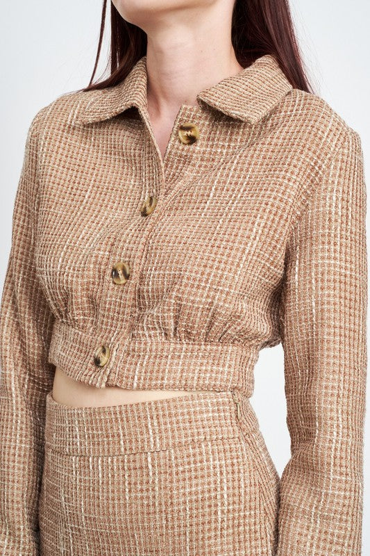 Emory Park CROPPED TWEED JACKET WITH SHIRRING DETAIL