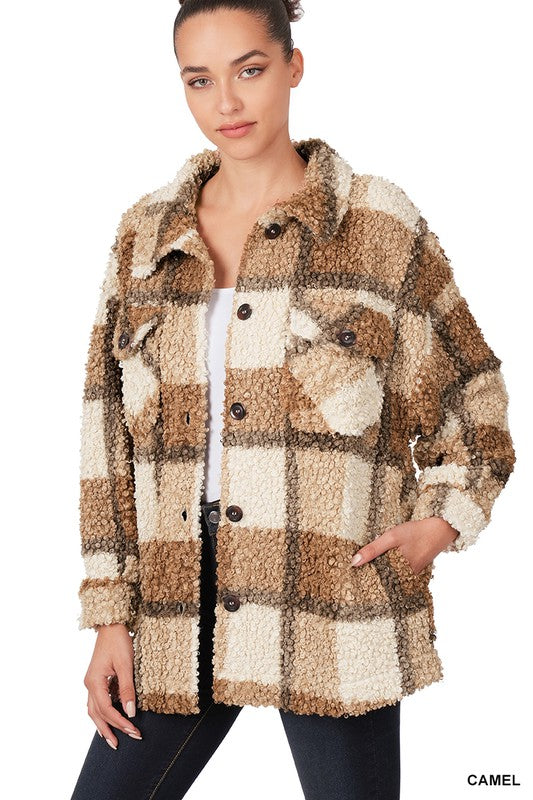 Load image into Gallery viewer, ZENANA Sherpa Plaid shacket With Pockets
