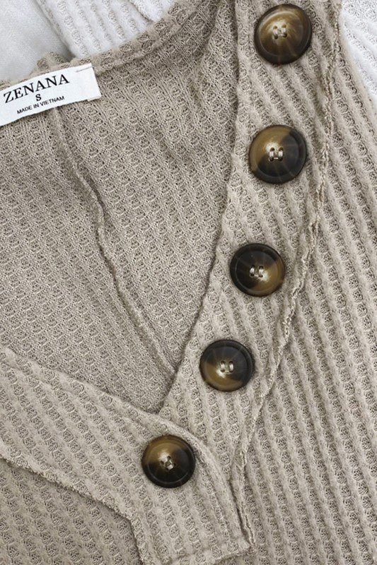 ZENANA Brushed Thermal Waffle Button Detail Sweater