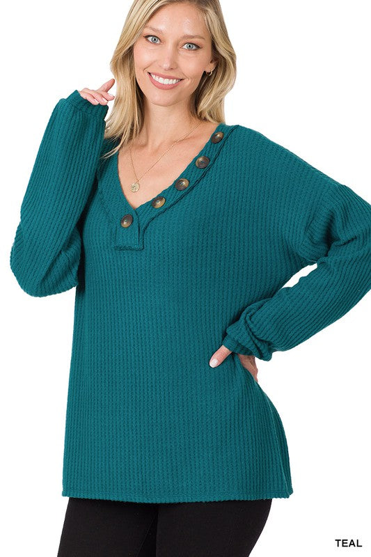 ZENANA Brushed Thermal Waffle Button Detail Sweater