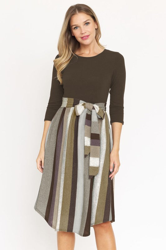 EG fashion Quarter Sleeve Stripe Sash Midi Dress