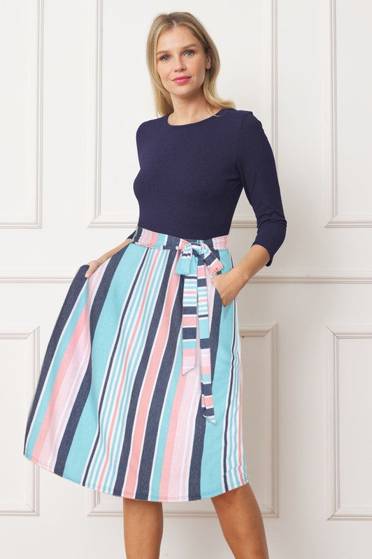 EG fashion Quarter Sleeve Stripe Sash Midi Dress