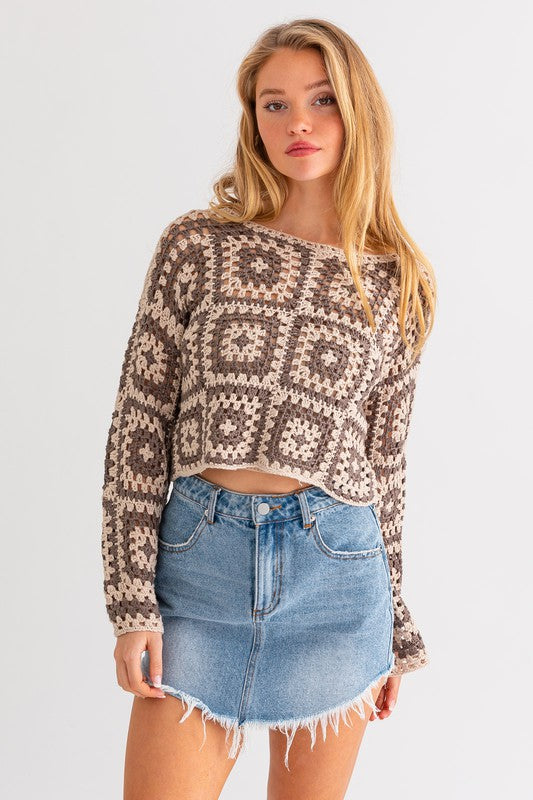 LE LIS Long Sleeve Crochet Top