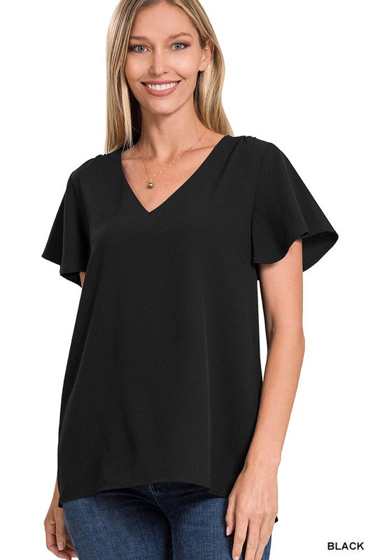 ZENANA Missy Woven Flutter Sleeve V-Neck Top