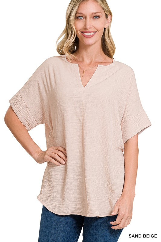 ZENANA Missy Woven Airflow Split Neck Short Sleeve Top