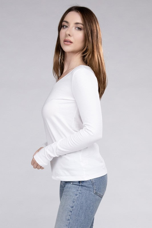 ZENANA Cotton V-Neck Long Sleeve T-Shirt