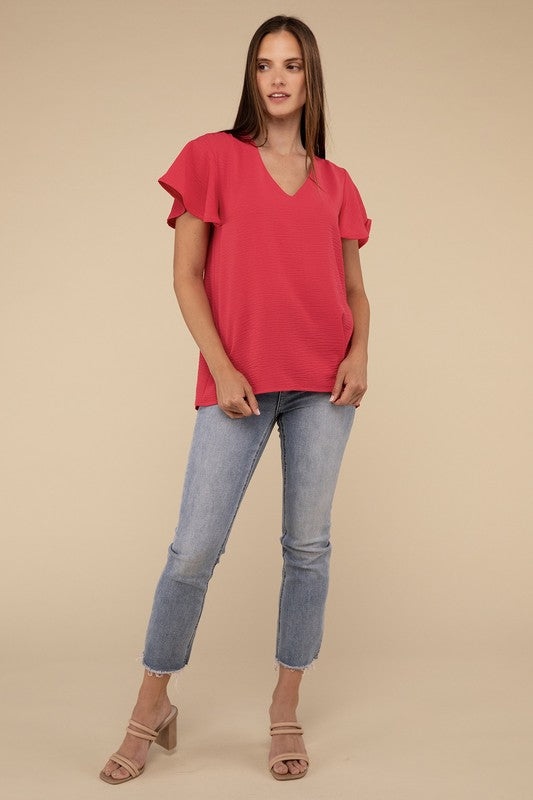 ZENANA Woven Airflow Flutter Sleeve Top