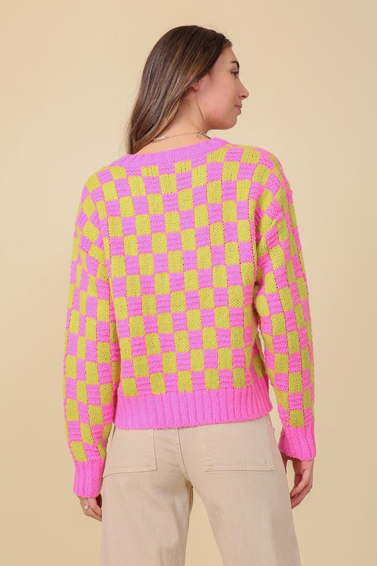 Lumiere Long Sleeve Checkboard Pullover Sweater