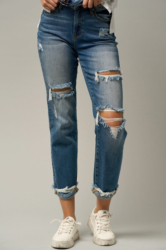 Denim Lab USA High Waist Ripped Boyfriend Jeans