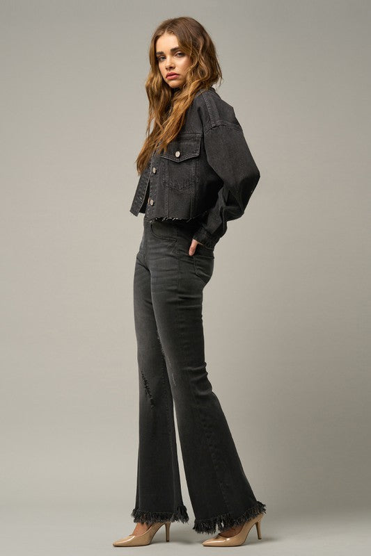 Denim Lab USA Elastic Banded Long Frayed Flare Jeans