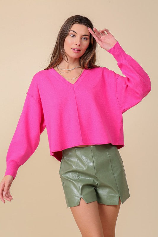 Lumiere Solid Drop Shoulder V-Neck Top