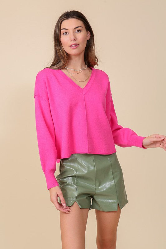 Lumiere Solid Drop Shoulder V-Neck Top