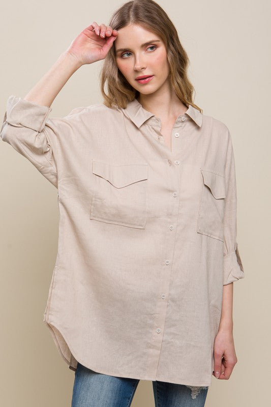 Love Tree Linen Oversized Double Pocket Button Down Shirt