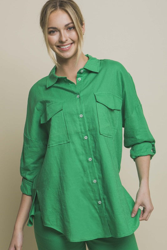 Love Tree Linen Oversized Double Pocket Button Down Shirt