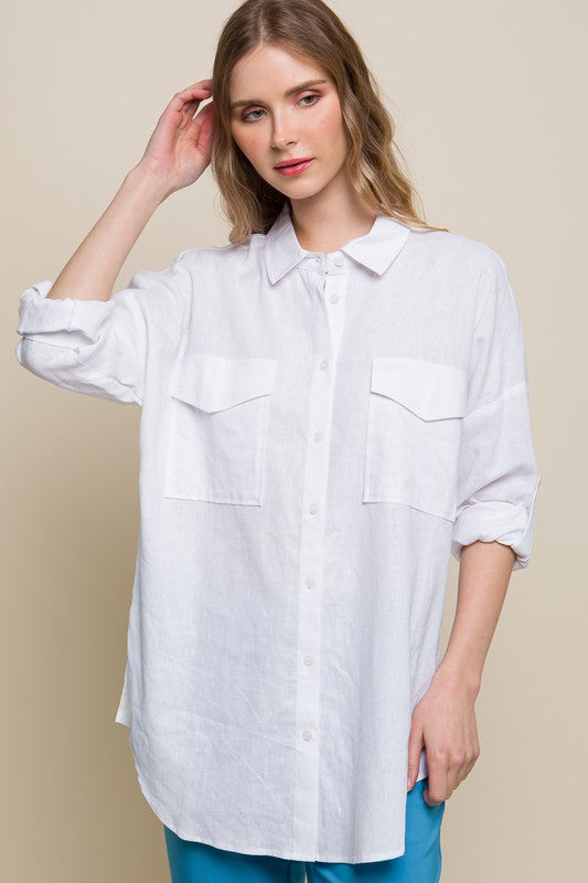 Love Tree Linen Oversized Double Pocket Button Down Shirt